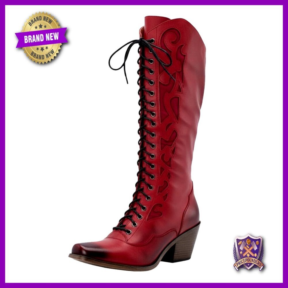 Knee High Cowboy Boots Square Toe Lace Up Vintage Western Retro Chic